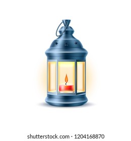 Vector vintage lantern with candle, old glowing lamp. Detailed kerosene light equipment, illumination instrument. Isolated illustration