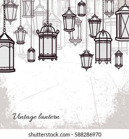 Vector vintage lantern set background Classic antique light backdroop. Ancient retro lamp design. Traditional silhouette. Old graphic object design. Elegant collection.