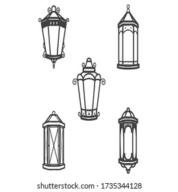 Vector vintage lantern set isolated on white. Classic antique light. Ancient retro lamp design. Traditional silhouette. Old graphic object design. Elegant collection.