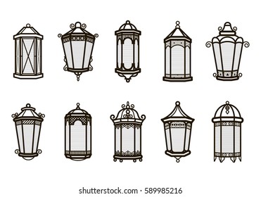 Vector vintage lantern set isolated on white. Classic antique light. Ancient retro lamp design. Traditional silhouette. Old graphic object design. Elegant collection