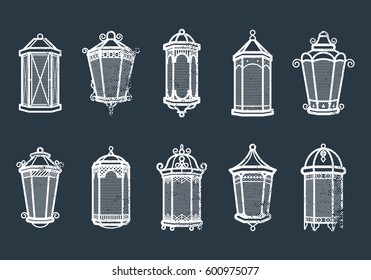 Vector vintage lantern set isolated on dark. Classic antique light. Ancient retro lamp design. Traditional silhouette. Old graphic object design. Elegant collection