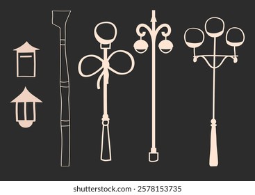 Vector Vintage Lantern Set, Lamp Silhouettes, A set of street elements of buildings and roads, street lamps