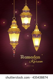 Vector vintage lanterns for Ramadan wishing. Arabic lamps. Golden decor in Eastern style. Islamic background. Template for Ramadan Kareem greeting card, invitation, leaflet, poster. A4 page size.