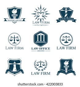 Vector vintage lawyer logotypes collection. Juridical firm labels and badges. Jurist icon templates. Act, principle symbols. Attorney signs. Legal concepts.