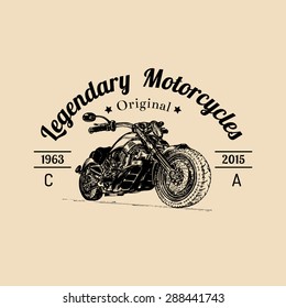 Vector vintage legendary motorcycles logo. Biker store icon, MC sign. Vintage illustration of hand drawn classic chopper in ink style for custom garage poster or banner. 