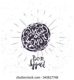 Vector vintage lemon with lettering. Poster for kitchen, cafe, can be used in menu.