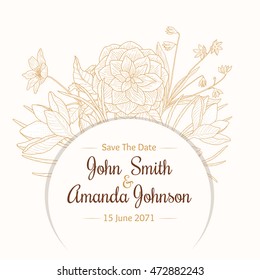 Vector Vintage Light Brown Beige Border Frame Floral Drawing Wedding Invitation Card With Stylish Flowers and Text In Classic Retro Design.