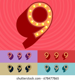 Vector vintage light up set of Alphabet Letters, Symbols, Numbers. Graphic style Font. Number 9