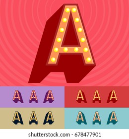 Vector vintage light up set of Alphabet Letters, Symbols, Numbers. Graphic style Font. Uppercase letter A
