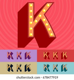 Vector vintage light up set of Alphabet Letters, Symbols, Numbers. Graphic style Font. Uppercase letter K