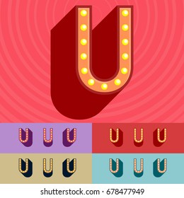 Vector vintage light up set of Alphabet Letters, Symbols, Numbers. Graphic style Font. Uppercase letter U