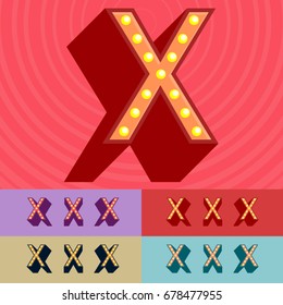 Vector vintage light up set of Alphabet Letters, Symbols, Numbers. Graphic style Font.  Uppercase letter X