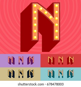 Vector vintage light up set of Alphabet Letters, Symbols, Numbers. Graphic style Font. Uppercase letter N