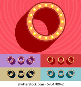 Vector vintage light up set of Alphabet Letters, Symbols, Numbers. Graphic style Font. Uppercase letter O