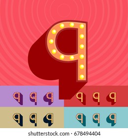 Vector vintage light up set of Alphabet Letters, Symbols, Numbers. Graphic style Font. Lowercase letter q