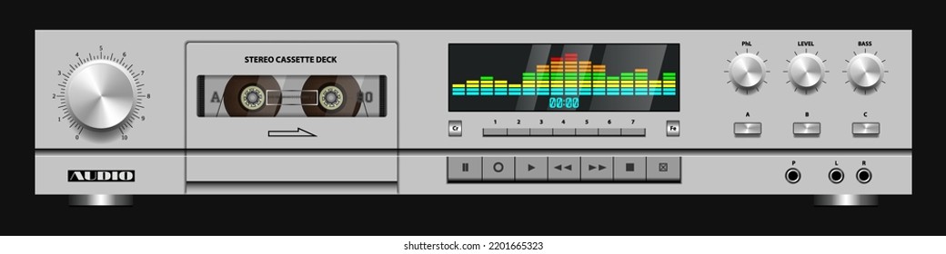 Vector vintage light stereo audio system rack with tape cassette deck and color graphic equalizer. Dark background