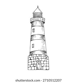 Faro vintage de Vector. Ilustración de símbolo náutico lineal pintado a mano. Croquis monocromo gráfico aislado en el fondo. Para los diseñadores, impresiones, logotipo, icono, menú, postales, vacaciones, cubiertas