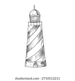Faro vintage de Vector. Ilustración de símbolo náutico lineal pintado a mano. Croquis monocromo gráfico aislado en el fondo. Para los diseñadores, impresiones, logotipo, icono, menú, postales, vacaciones, cubiertas