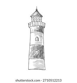 Faro vintage de Vector. Ilustración de símbolo náutico lineal pintado a mano. Croquis monocromo gráfico aislado en el fondo. Para los diseñadores, impresiones, logotipo, icono, menú, postales, vacaciones, cubiertas