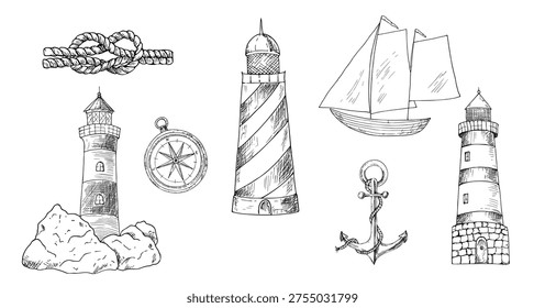 Vector vintage lighthouse on rock, wind sail boat, infinity knot rope, anchor, navigation marine compass. Hand painted linear Nautical symbol illustration set. Graphic monochrome sketch isolated on