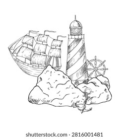 Vector vintage lighthouse on rock, wind sail boat, infinity knot rope, anchor, navigation marine compass. Hand painted linear Nautical symbol illustration set. Graphic monochrome sketch isolated on