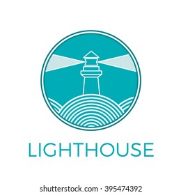 Vector vintage lighthouse, in round background