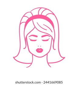 Vector vintage line art hand drawn illustration of woman with a pink headband and closed eyes