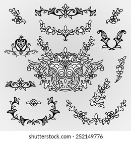 Vector vintage line art vignettes in Eastern style on scroll work background. Ornate element for design. Place for text. Ornamental pattern for invitations, greeting cards. Traditional outline decor.