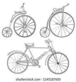 vector vintage line drawing bicycles, hand drawn illuatration