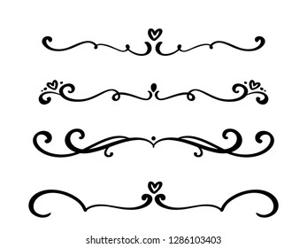 Vector vintage line elegant dividers and separators, swirls and corners decorative ornaments. Floral lines filigree design elements. Flourish curl elements for invitation or menu page illustration.