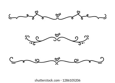 Vector vintage line elegant dividers and separators, swirls and corners decorative ornaments. Floral lines filigree design heart elements. Flourish curl elements for invitation illustration