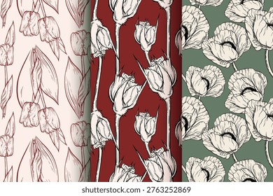 Vector vintage linear flowers seamless patterns set. Big lush poppies retro print. Hand drawn roses cloth design. Spring outline tulips background. Many contour plants wallpaper. Graphic botanical art