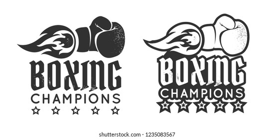 Vector Vintage Logo For A Boxing With Glove And Fire. Boxing Glove With Flame. Vintage Sport Emblem.