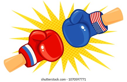 Vector vintage logo for a boxing with gloves with two flags. Vintage emblem with flags Russia and USA.