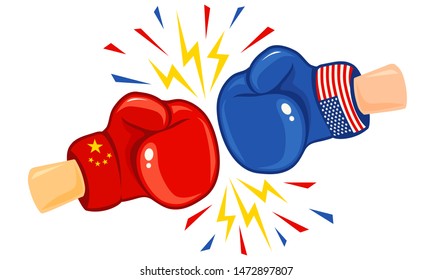 Vector vintage logo for a boxing with gloves with two flags. Vintage emblem of two boxing gloves with flags China and USA. USA vs China, trade war.