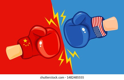 Vector vintage logo for a boxing with gloves with two flags. Vintage emblem of two boxing gloves with flags China and USA. USA vs China, trade war.