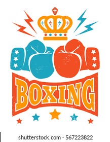 Vector vintage logo for boxing with gloves and crown. Retro boxing logo. 