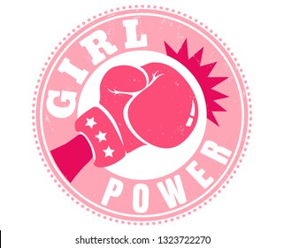 Vector vintage logo for a boxing with pink glove. Retro emblem for women boxing. Poster Girl power