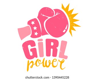 Vector vintage logo for a boxing with pink glove. Retro emblem for women boxing. Poster of Girl power with pink glove