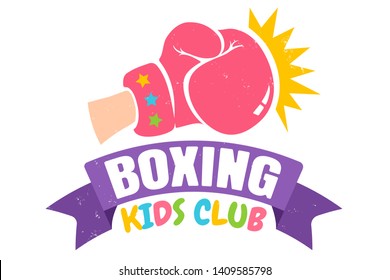 Vector vintage logo for a boxing with pink glove. Retro emblem for boxing kids club. Poster of a boxing with glove and ribbon