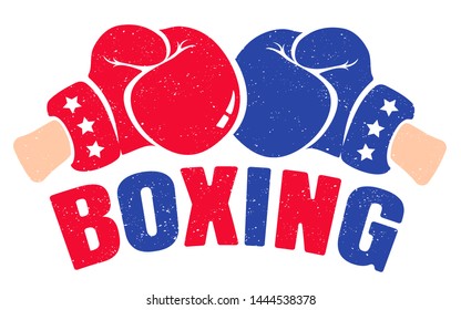 Vector vintage logo for a boxing with red and blue gloves. Retro emblem for boxing. Poster of a boxing with gloves