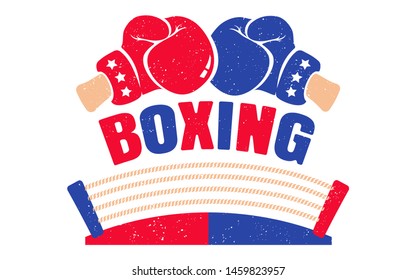 Vector vintage logo for a boxing with red and blue gloves and boxing ring. Retro emblem for boxing. Poster of a boxing with gloves and ring