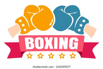 Vector vintage logo for a boxing with two gloves. Retro emblem for boxing club. Poster of a boxing with glove and ribbon