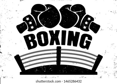 Vector vintage logo for a boxing with two gloves and boxing ring. Retro emblem for boxing. Poster of a boxing with gloves and ring