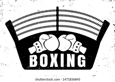 Vector vintage logo for a boxing with two gloves and boxing ring. Retro emblem for boxing. Poster of a boxing with gloves and ring