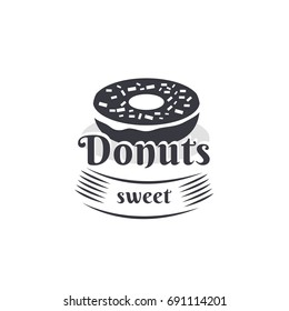 Vector vintage logo donut. Retro bakery label and logotype. Vector illustration of a donut. Templates for business card, menu, banner, cover, coupon, packaging, package, bag sticker