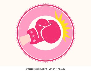 Vector vintage logo for female boxing club. Retro vector emblem for woman boxing with pink glove.