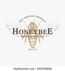 Vector vintage logo with hand drawn sketch honey bee isolated on white background. Natural organic design concept for emblem, packaging, label, bee farm branding