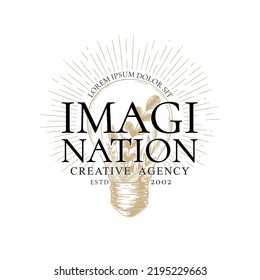 Vector vintage logo with hand drawn sketch plants, herbs, branches and floral elements in light bulb isolated on white background. Natural design concept for emblem, packaging, label, branding