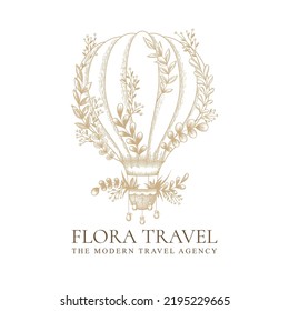 Vector vintage logo with hand drawn sketch hot air balloon, plants, herbs, branches and floral elements isolated on white background. Design concept for travel agency emblem or label, branding